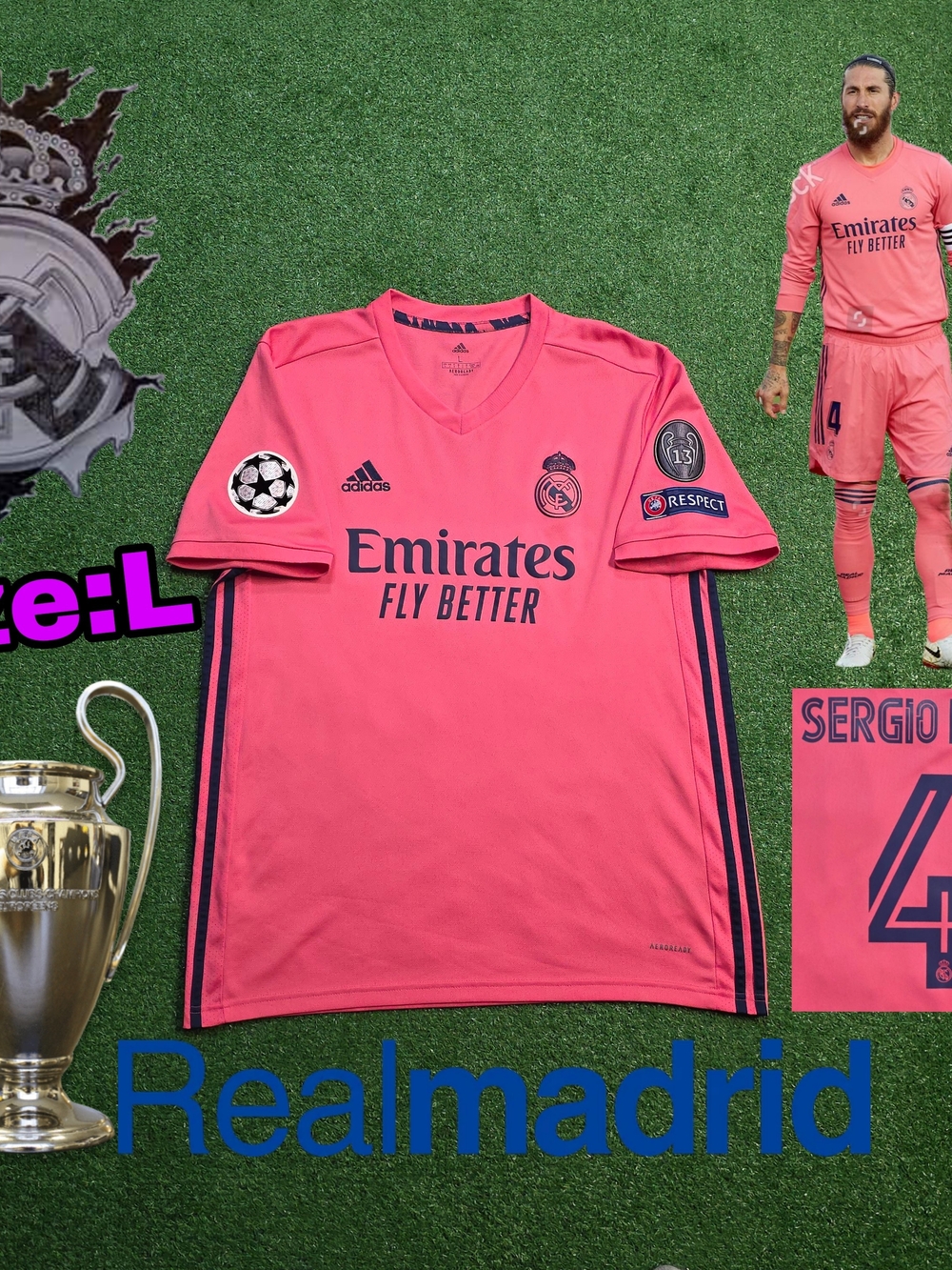 Adidas Real Madrid CF Sergio Ramos #4 2020/2021 Away Pink Jersey Large UCL Patch
